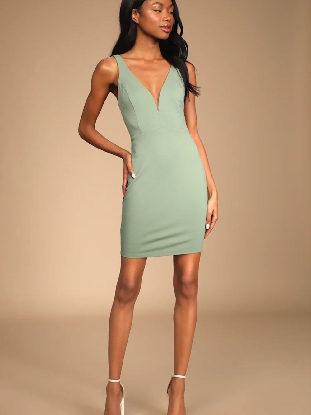 Lulu's Sage Green Plunge V-Neck Bodycon Mini Dress